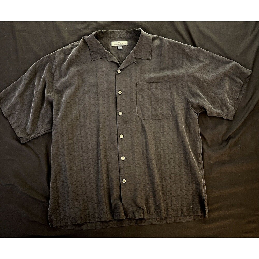 Tommy Bahama Mens XL Black 100% Silk Woven Button-Up Embroidered, Pocket